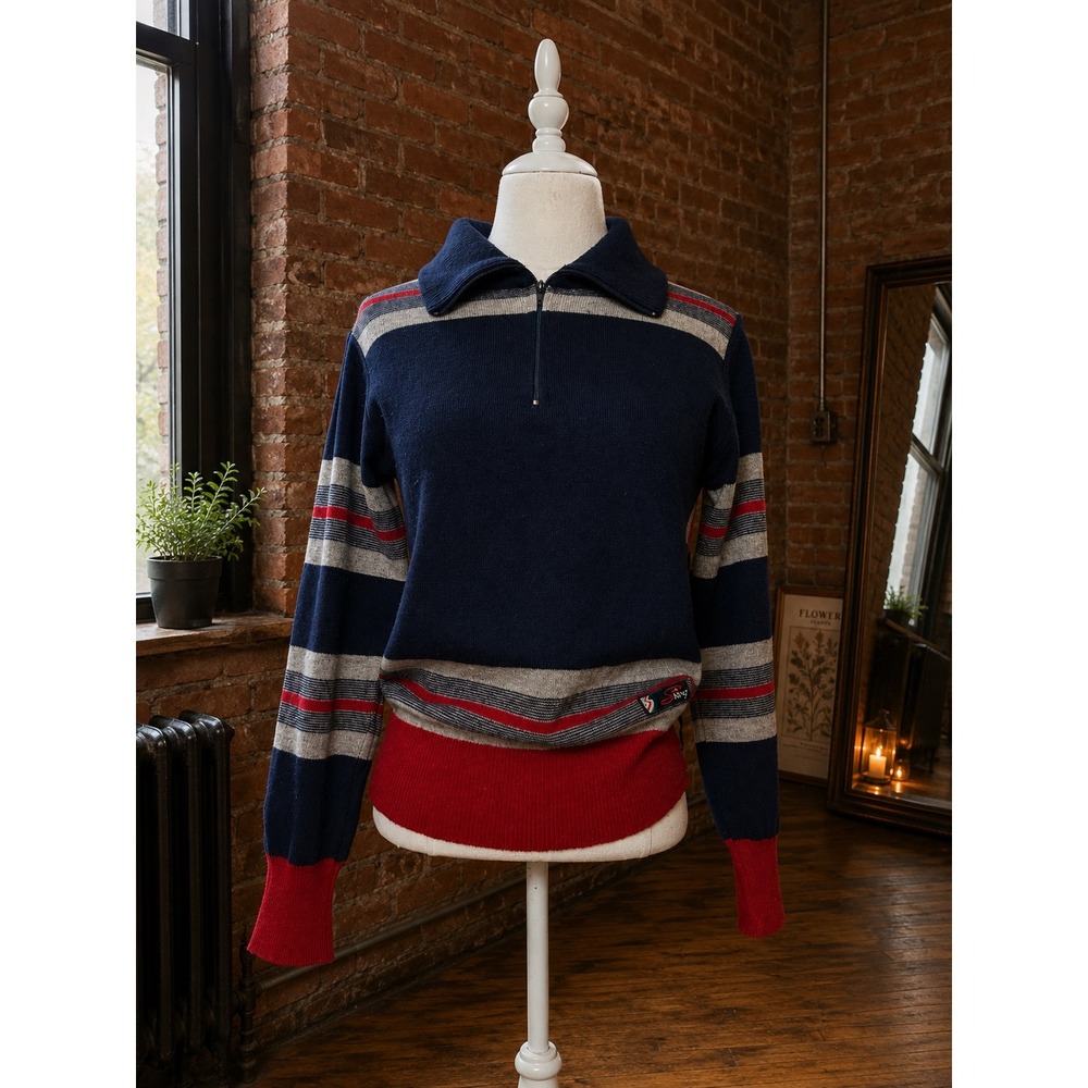 Tricot Vintage Italian Pure Wool Apres Ski Sweater Navy Red Stripe 1/4 Zip Retro